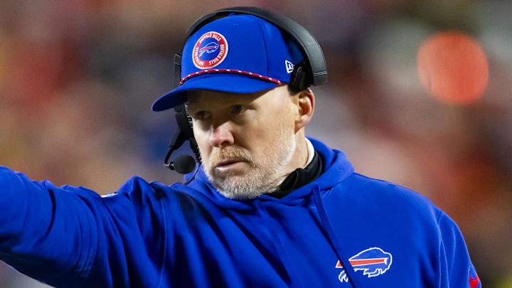Jan 26, 2025; Kansas City, MO, USA; Buffalo Bills head coach Sean McDermott against the Kansas City Chiefs during the AFC Championship game at GEHA Field at Arrowhead Stadium. Mandatory Credit: Mark J. Rebilas-Imagn Images