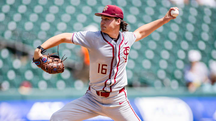 May 24, 2024; Charlotte, NC, USA; Florida State Seminoles pitcher Jamie Arnold (16) in the third inning against the Virginia Cavaliers during the ACC Baseball Tournament at Truist Field. Mandatory Credit: Scott Kinser-Imagn Images May 24, 2024; Charlotte, NC, USA; Florida State Seminoles pitcher Jamie Arnold (16) in the third inning against the Virginia Cavaliers during the ACC Baseball Tournament at Truist Field. Mandatory Credit: Scott Kinser-Imagn Images