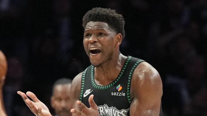 May 15, 2026; Minneapolis, Minnesota, USA; Minnesota Timberwolves guard Anthony Edwards (5) reacts to call on the court against the San Antonio Spurs in the second half during game six of the second round of the 2026 NBA Playoffs at Target Center. Mandatory Credit: Jesse Johnson-Imagn Images
