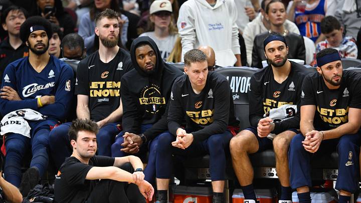 May 25, 2026; Cleveland, Ohio, USA; Cleveland Cavaliers bench looks on in the fourth quarter against the New York Knicks during game four of the eastern conference finals for the 2026 NBA playoffs at Rocket Arena. Mandatory Credit: David Richard-Imagn Images May 25, 2026; Cleveland, Ohio, USA; Cleveland Cavaliers bench looks on in the fourth quarter against the New York Knicks during game four of the eastern conference finals for the 2026 NBA playoffs at Rocket Arena. Mandatory Credit: David Richard-Imagn Images