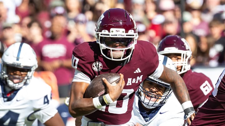 Texas A&M Aggies quarterback Marcel Reed (10) runs with the ball in the first half of a game against the Samford Bulldogs at Kyle Field. Mandatory Credit: Joseph Buvid-Imagn Images