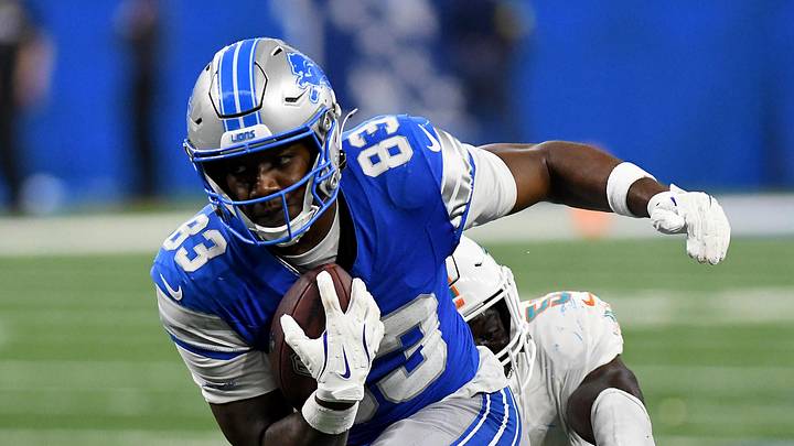 Detroit Lions wide receiver Jackson Meeks (83) runs the ball against the Miami Dolphins at Ford Field Detroit Lions wide receiver Jackson Meeks (83) runs the ball against the Miami Dolphins at Ford Field