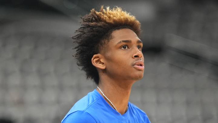 Apr 10, 2026; San Antonio, Texas, USA; Dallas Mavericks guard AJ Johnson (8) warms up before a game against the San Antonio Spurs at Frost Bank Center. Mandatory Credit: Scott Wachter-Imagn Images