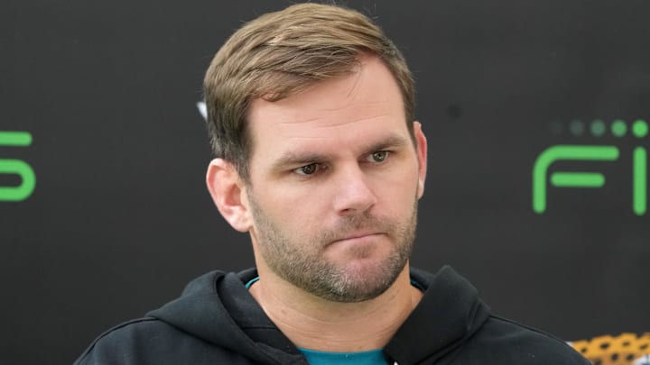 Oct 17, 2024; Watford, United Kingdom; Jacksonville Jaguars offensive coordinator Press Taylor during press conference at The Grove. Mandatory Credit: Kirby Lee-Imagn Images