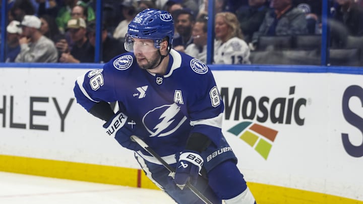 Feb 25, 2026; Tampa, Florida, USA; Tampa Bay Lightning forward Nikita Kucherov (86) handles the puck against the Toronto Maple Leafs during the third period at Benchmark International Arena. Mandatory Credit: Morgan Tencza-Imagn Images