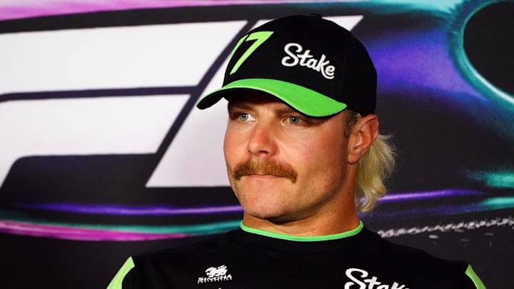 May 2, 2024; Miami Gardens, Florida, USA;  Kick Sauber driver Valtteri Bottas (77) addresses the media in advance of the Miami Grand Prix at the Miami International Autodrome. Mandatory Credit: John David Mercer-USA TODAY Sports
