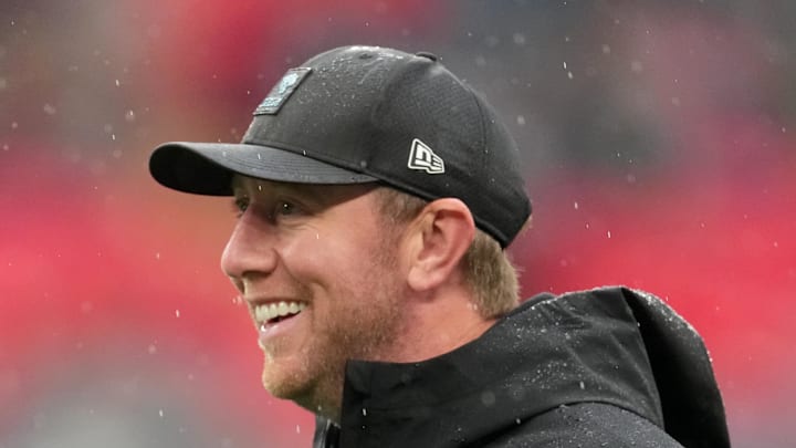 Oct 19, 2025; London, United Kingdom; Jacksonville Jaguars head coach Liam Coen looks on during warmups before a NFL International Series game between the Los Angeles Rams and the Jacksonville Jaguars at Wembley Stadium. Mandatory Credit: Kirby Lee-Imagn Images