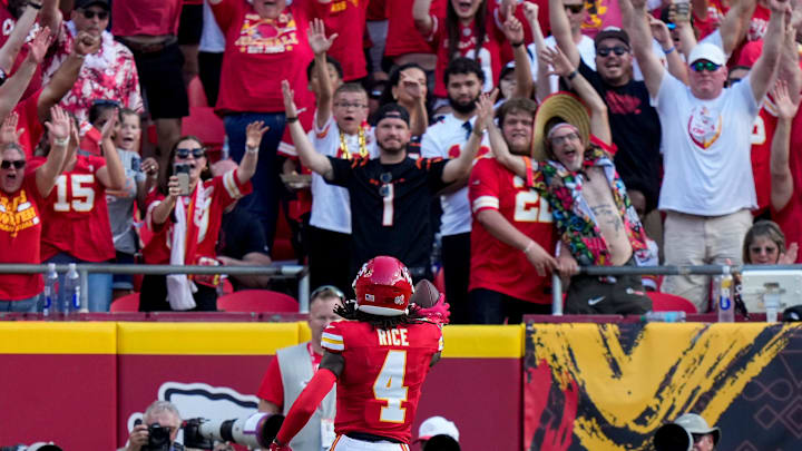 Kansas City Chiefs wide receiver Rashee Rice (4) runs in a deep pass for a touchdown in the second quarter of the NFL Week 2 game between the Kansas City Chiefs and the Cincinnati Bengals at Arrowhead Stadium in Kansas City on Sunday, Sept. 15, 2024. The Bengals led 16-10 at halftime. Kansas City Chiefs wide receiver Rashee Rice (4) runs in a deep pass for a touchdown in the second quarter of the NFL Week 2 game between the Kansas City Chiefs and the Cincinnati Bengals at Arrowhead Stadium in Kansas City on Sunday, Sept. 15, 2024. The Bengals led 16-10 at halftime.