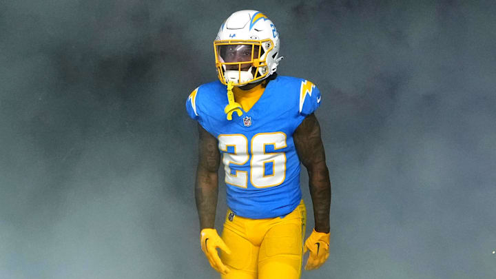 Dec 23, 2023; Inglewood, California, USA; Los Angeles Chargers cornerback Asante Samuel Jr. (26)  enters the field before the game against the Buffalo Bills at SoFi Stadium. Mandatory Credit: Kirby Lee-Imagn Images