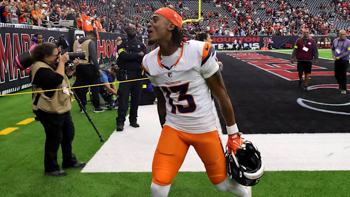 Nov 2, 2025; Houston, Texas, USA; Denver Broncos wide receiver Pat Bryant (13) celebrates after defeating the Houston Texans at NRG Stadium. Nov 2, 2025; Houston, Texas, USA; Denver Broncos wide receiver Pat Bryant (13) celebrates after defeating the Houston Texans at NRG Stadium.