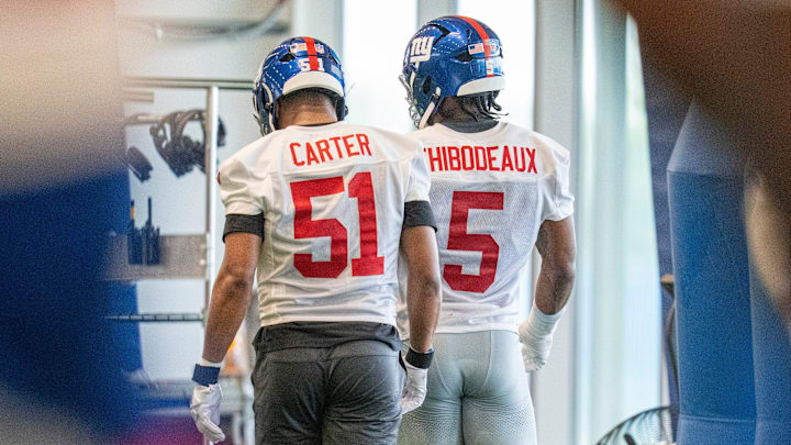 New York Giants linebackers Abdul Carter (51) and Kayvon Thibodeaux (5) walk together during Mandatory Minicamp at Quest Diagnostics Giants Training Center in East Rutherford on Tuesday, June 17, 2025.