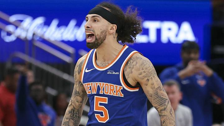 Mar 31, 2026; Houston, Texas, USA; New York Knicks guard Jose Alvarado (5) reacts after scoring a basket during the second quarter against the Houston Rockets at Toyota Center. Mandatory Credit: Troy Taormina-Imagn Images Mar 31, 2026; Houston, Texas, USA; New York Knicks guard Jose Alvarado (5) reacts after scoring a basket during the second quarter against the Houston Rockets at Toyota Center. Mandatory Credit: Troy Taormina-Imagn Images