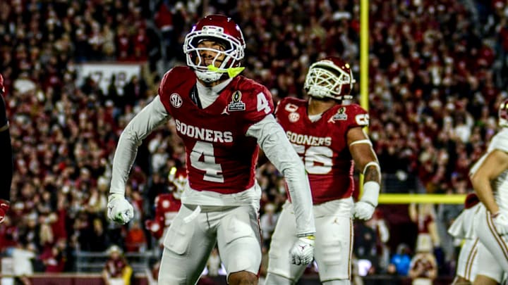 Oklahoma defensive back Courtland Guillory celebrates after a stop against Alabama in the CFP.