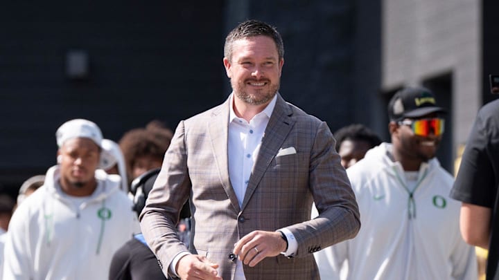 Oregon head coach Dan Lanning leads his team during the entry walk as the Oregon Ducks host the Montana State Bobcats on Aug. 30, 2025, at Autzen Stadium in Eugene, Oregon.