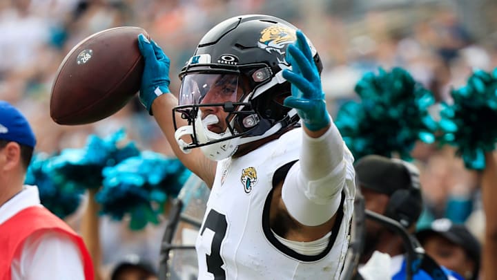 Jacksonville Jaguars wide receiver Christian Kirk (13) reacts to what he thought is a touchdown but ruled an incomplete pass during the fourth quarter of an NFL football matchup Sunday, Sept. 15, 2024 at EverBank Stadium in Jacksonville, Fla. The Browns defeated the Jaguars 18-13. [Corey Perrine/Florida Times-Union]