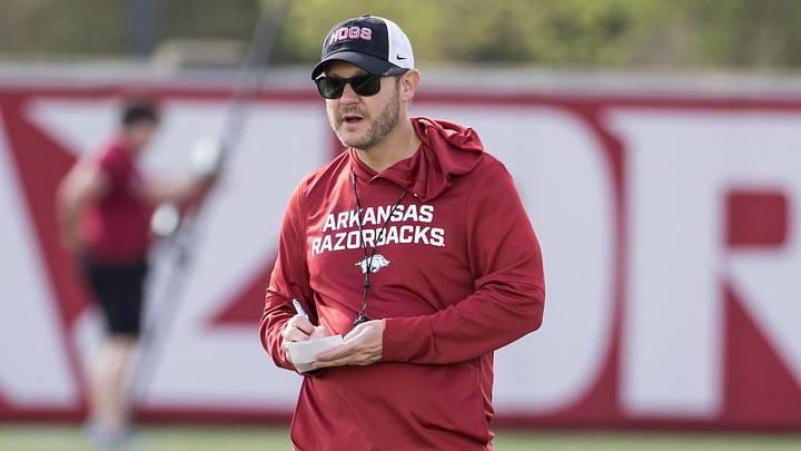 Arkansas Razorbacks coach Ryan Silverfield looks on during spring practice at the Arkansas Razorbacks practice facilities. Arkansas Razorbacks coach Ryan Silverfield looks on during spring practice at the Arkansas Razorbacks practice facilities.