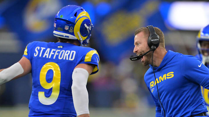 Jan 4, 2026; Inglewood, California, USA; Los Angeles Rams head coach Sean McVay reacts with quarterback Matthew Stafford (9) after a touchdown against the Arizona Cardinals during the second half at SoFi Stadium. Mandatory Credit: Jayne Kamin-Oncea-Imagn Images Jan 4, 2026; Inglewood, California, USA; Los Angeles Rams head coach Sean McVay reacts with quarterback Matthew Stafford (9) after a touchdown against the Arizona Cardinals during the second half at SoFi Stadium. Mandatory Credit: Jayne Kamin-Oncea-Imagn Images