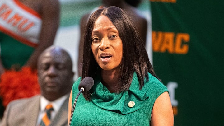 FAMU Athletic Director Angela Suggs speaks during a press conference introducing Heisman trophy winner and former NBA player Charlie Ward as the new head basketball coach for FAMU at the Al Lawson Multipurpose Center Monday, April 21, 2025.