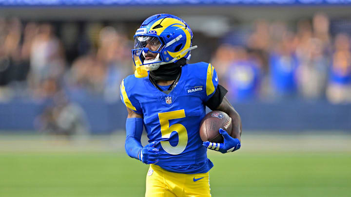 Sep 28, 2025; Inglewood, California, USA; Los Angeles Rams wide receiver Tutu Atwell (5) runs for a touchdown on an 88 yard pass play in the fourth quarter against the Indianapolis Colts at SoFi Stadium. Mandatory Credit: Jayne Kamin-Oncea-Imagn Images Sep 28, 2025; Inglewood, California, USA; Los Angeles Rams wide receiver Tutu Atwell (5) runs for a touchdown on an 88 yard pass play in the fourth quarter against the Indianapolis Colts at SoFi Stadium. Mandatory Credit: Jayne Kamin-Oncea-Imagn Images