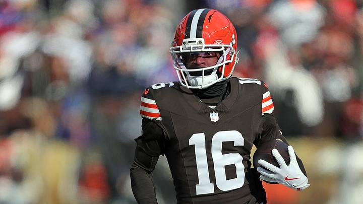 Cleveland Browns wide receiver Isaiah Bond (16) leaves Buffalo Bills safety Cole Bishop (24) in the dust during the first half of an NFL football game at Huntington Bank Field, Dec. 21, 2025, in Cleveland, Ohio.