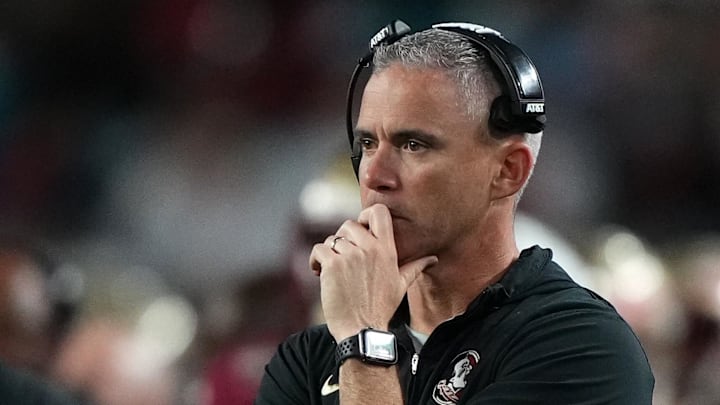 Dec 30, 2023; Miami Gardens, FL, USA; Florida State Seminoles head coach Mike Norvell reacts against the Georgia Bulldogs during the second half in the 2023 Orange Bowl at Hard Rock Stadium. Mandatory Credit: Jasen Vinlove-Imagn Images