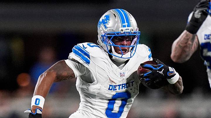 Detroit Lions running back Jahmyr Gibbs (0) runs against Carolina Panthers during the first half at Bank of America Stadium in Charlotte on Sunday, Oct. 4, 2026.