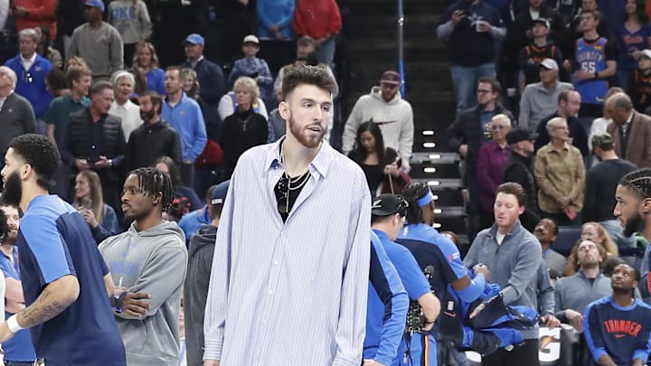 Dec 31, 2024; Oklahoma City, Oklahoma, USA; Oklahoma City Thunder forward Chet Holmgren (7) before the start of a game against the Minnesota Timberwolves at Paycom Center. Mandatory Credit: Alonzo Adams-Imagn Images