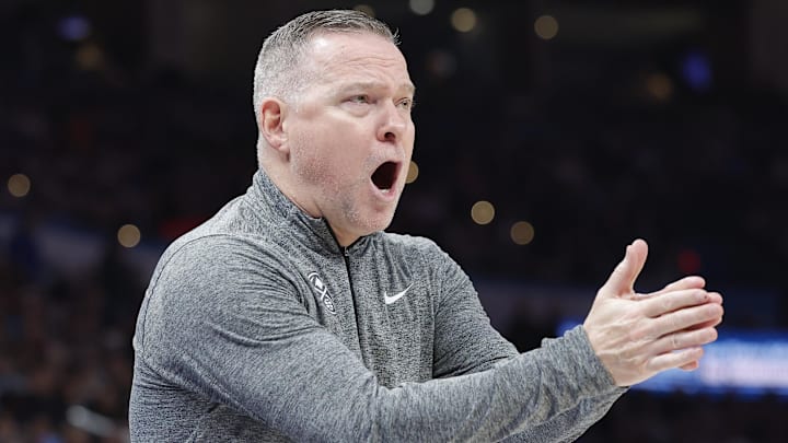 Mar 10, 2025; Oklahoma City, Oklahoma, USA; Denver Nuggets head coach Michael Malone gestures to his team during a play against the Oklahoma City Thunder during the second quarter at Paycom Center. Mandatory Credit: Alonzo Adams-Imagn Images