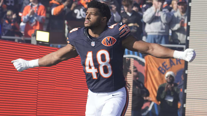 Nov 23, 2025; Chicago, Illinois, USA; Chicago Bears linebacker D'Marco Jackson (48) takes the field prior to a game against the Pittsburgh Steelers at Soldier Field. 