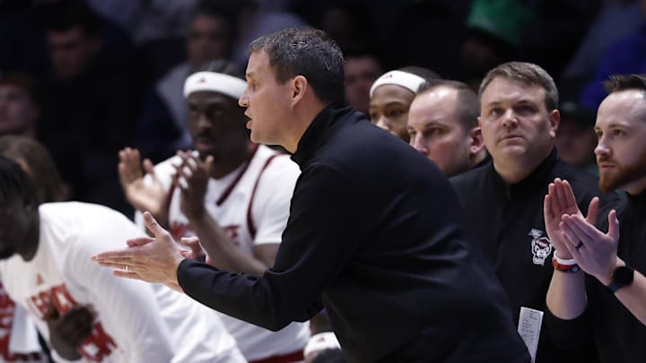 Mar 17, 2026; Dayton, OH, USA; NC State Wolfpack head coach Will Wade coaches in the first half against the Texas Longhorns during a first four game of the men's 2026 NCAA Tournament at University of Dayton Arena. Mandatory Credit: Rick Osentoski-Imagn Images