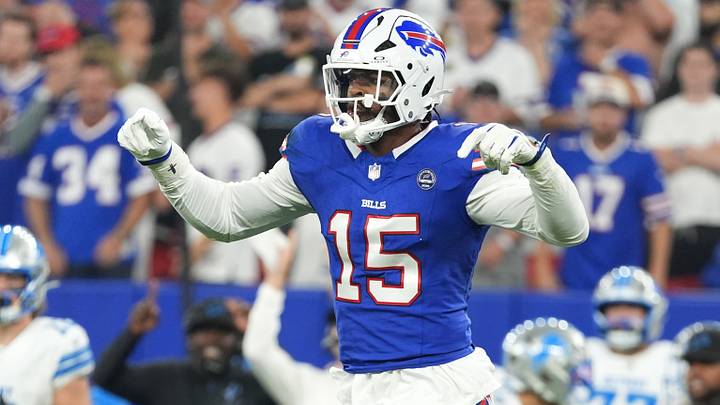 Buffalo Bills linebacker Greg Rousseau reacts during the first half against the Detroit Lions at New Highmark Stadium. Buffalo Bills linebacker Greg Rousseau reacts during the first half against the Detroit Lions at New Highmark Stadium.