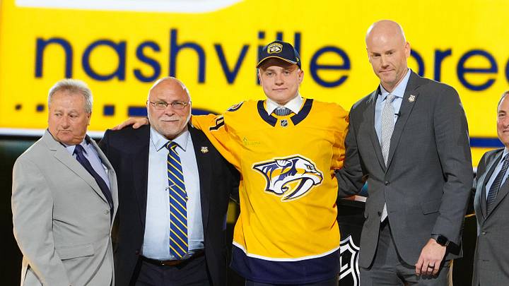 Jun 28, 2024; Las Vegas, Nevada, USA; Egor Surin is selected by the Nashville Predators with the 22nd overall pick in the first round of the 2024 NHL Draft at The Sphere. Mandatory Credit: Stephen R. Sylvanie-Imagn Images Jun 28, 2024; Las Vegas, Nevada, USA; Egor Surin is selected by the Nashville Predators with the 22nd overall pick in the first round of the 2024 NHL Draft at The Sphere. Mandatory Credit: Stephen R. Sylvanie-Imagn Images