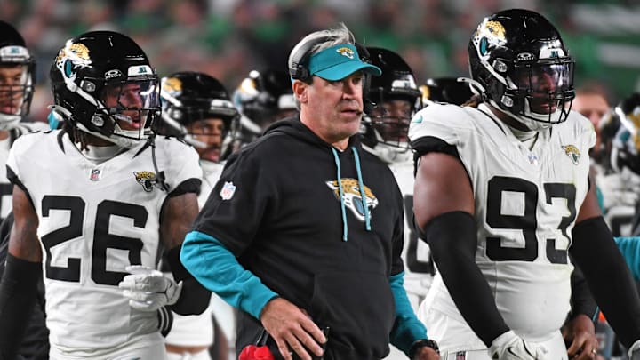Nov 3, 2024; Philadelphia, Pennsylvania, USA; Jacksonville Jaguars head coach Doug Pederson on the sidelines against the Philadelphia Eagles at Lincoln Financial Field. Mandatory Credit: Eric Hartline-Imagn Images