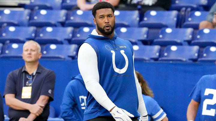 Indianapolis Colts defensive tackle Deforest Buckner (99) warms up before a game against the Arizona Cardinals on Sunday, Oct. 12, 2025, at Lucas Oil Stadium in Indianapolis