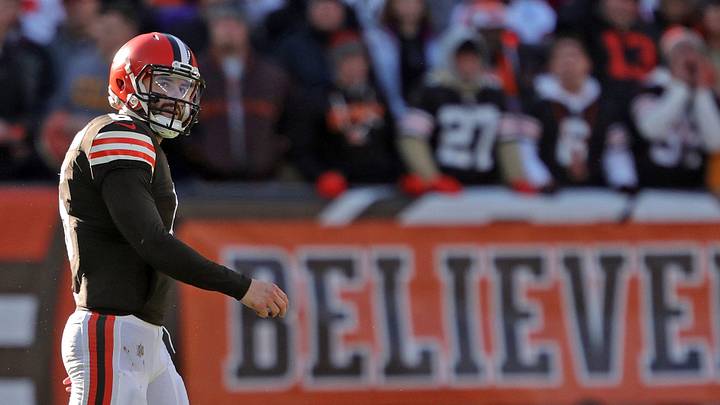 Cleveland Browns quarterback Baker Mayfield (6) walks off the field following an interception during the first half of an NFL football game against the Baltimore Ravens at FirstEnergy Stadium, Sunday, Dec. 12, 2021, in Cleveland, Ohio. [Jeff Lange/Beacon Journal]

Browns 6