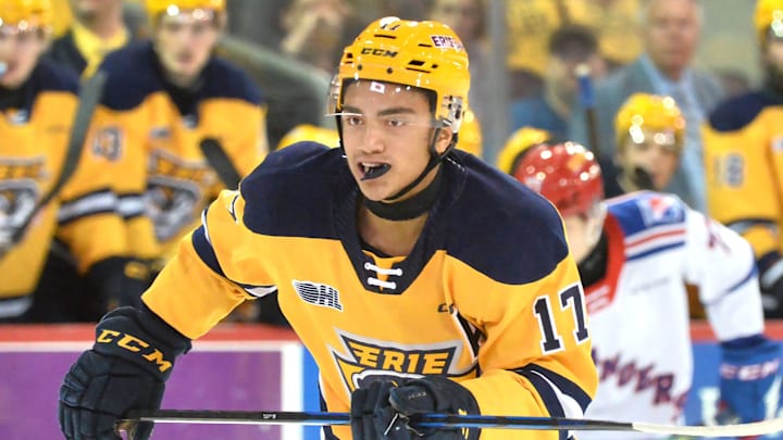 Erie Otters forward Malcolm Spence skates during an Ontario Hockey League Western Conference quarterfinal game against the Kitchener Rangers at Erie Insurance Arena in Erie on April 2, 2024. Erie Otters forward Malcolm Spence skates during an Ontario Hockey League Western Conference quarterfinal game against the Kitchener Rangers at Erie Insurance Arena in Erie on April 2, 2024.