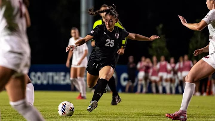 Mississippi State Midfielder Laila Juliette Murillo (#25) during the match between the Arkansas Razorbacks and the Mississippi State Bulldogs at the Ashton Bronsaham Soccer Complex in Pensacola, FL.