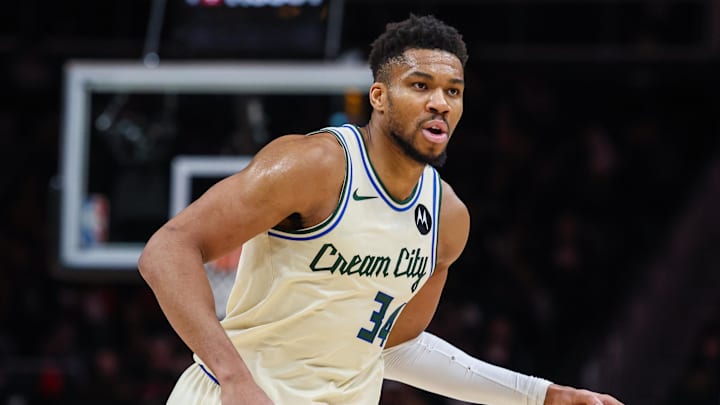 Jan 19, 2026; Atlanta, Georgia, USA; Milwaukee Bucks forward Giannis Antetokounmpo (34) dribbles the ball down the court against the Atlanta Hawks during the fourth quarter at State Farm Arena. Mandatory Credit: Jordan Godfree-Imagn Images Jan 19, 2026; Atlanta, Georgia, USA; Milwaukee Bucks forward Giannis Antetokounmpo (34) dribbles the ball down the court against the Atlanta Hawks during the fourth quarter at State Farm Arena. Mandatory Credit: Jordan Godfree-Imagn Images