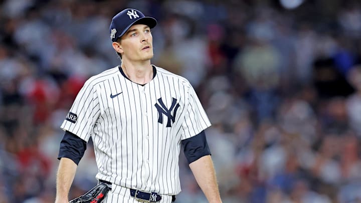Sep 30, 2025; Bronx, New York, USA; New York Yankees pitcher Max Fried (54) reacts after a play at the top of the sixth inning against Boston Red Sox during game one of the Wildcard round for the 2025 MLB playoffs at Yankee Stadium. Mandatory Credit: Brad Penner-Imagn Images