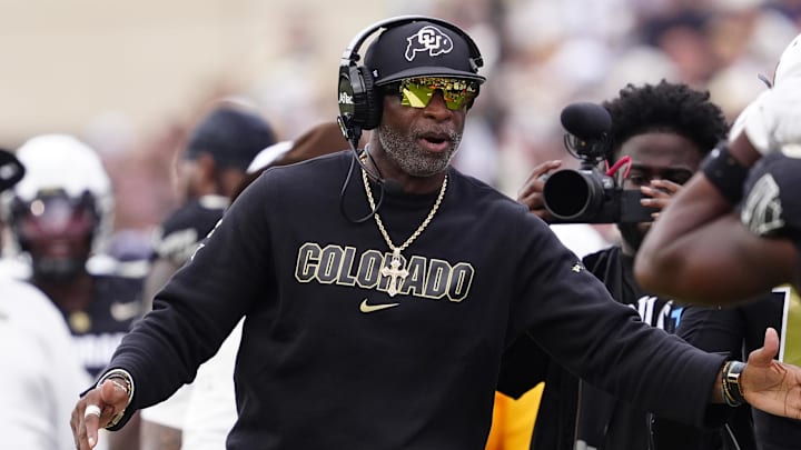 Sep 6, 2025; Boulder, Colorado, USA; Colorado Buffaloes head coach Deion Sanders during the second half against the Delaware Fightin Blue Hens at Folsom Field. Mandatory Credit: Ron Chenoy-Imagn Images