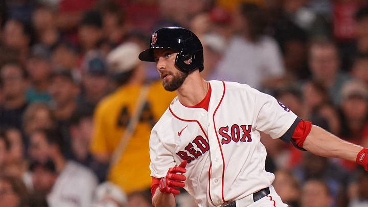 Aug 17, 2026; Boston, Massachusetts, USA; Boston Red Sox left fielder Eli White (38) gets a base hit to drive in a rune against the Arizona Diamondbacks in the second inning at Fenway Park. Mandatory Credit: David Butler II-Imagn Images