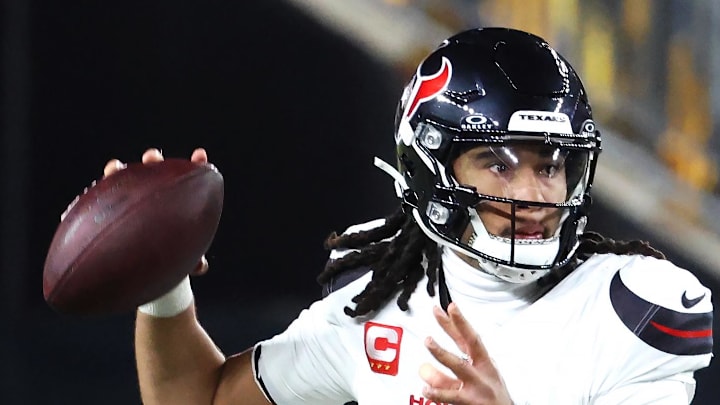 Houston Texans quarterback C.J. Stroud throws during the first half of an AFC Wild Card Round.