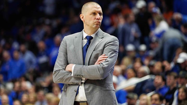 Mar 1, 2025; Lexington, Kentucky, USA; Kentucky Wildcats head coach Mark Pope looks to his bench during the first half against the Auburn Tigers at Rupp Arena at Central Bank Center. Mandatory Credit: Jordan Prather-Imagn Images