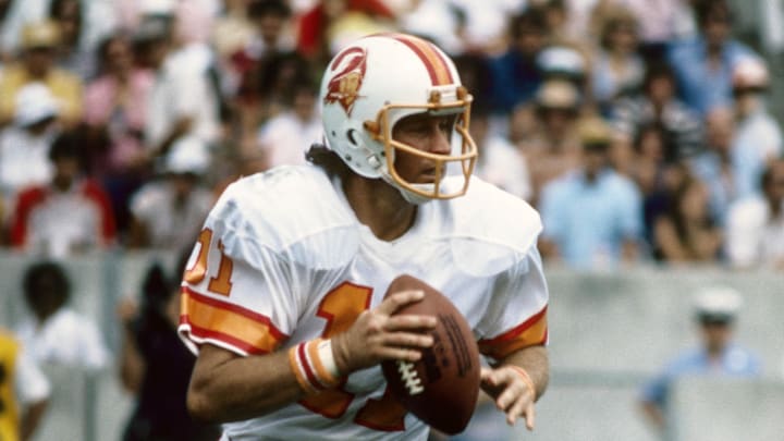 Tampa Bay Buccaneers quarterback Steve Spurrier in action against the San Diego Chargers.