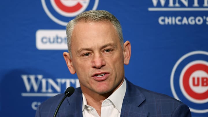 Jan 12, 2024; Chicago, IL, USA; Chicago Cubs president of baseball operations Jed Hoyer talks to the media after introducing pitcher Shota Imanaga (not pictured) during a press conference at Loews Chicago Hotel. Mandatory Credit: Kamil Krzaczynski-Imagn Images Jan 12, 2024; Chicago, IL, USA; Chicago Cubs president of baseball operations Jed Hoyer talks to the media after introducing pitcher Shota Imanaga (not pictured) during a press conference at Loews Chicago Hotel. Mandatory Credit: Kamil Krzaczynski-Imagn Images