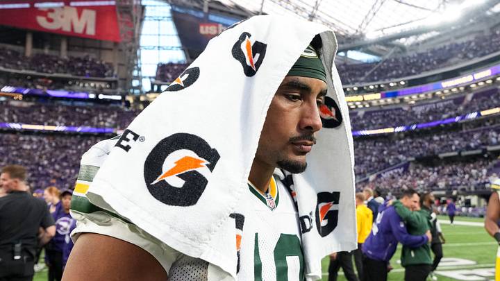 Jordan Love #10 of the Green Bay Packers walks off the field after losing the game against the Minnesota Vikings Jordan Love #10 of the Green Bay Packers walks off the field after losing the game against the Minnesota Vikings