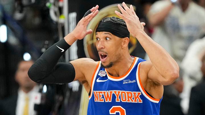 Jun 5, 2026; San Antonio, Texas, USA; New York Knicks guard Josh Hart (3) reacts to a call during the fourth quarter against the San Antonio Spurs during game two of the 2026 NBA Finals at Frost Bank Center. Mandatory Credit: Scott Wachter-Imagn Images