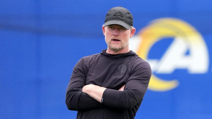 May 28, 2025; Woodland Hills, CA, USA; Los Angeles Rams general manager Les Snead reacts during organized team activities at Rams Practice Facility. Mandatory Credit: Kirby Lee-Imagn Images