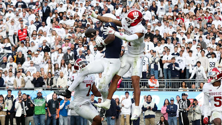 Penn State Nittany Lions wide receiver Kyron Hudson (1) attempts to catch a “Hail Mary” pass during the fourth quarter against the Indiana Hoosiers at Beaver Stadium