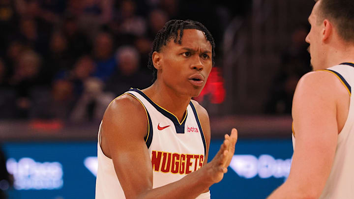 Mar 17, 2025; San Francisco, California, USA; Denver Nuggets forward Peyton Watson (8) high fives forward Vlatko Cancar (31) after a play against the Golden State Warriors during the fourth quarter at Chase Center. Mandatory Credit: Kelley L Cox-Imagn Images